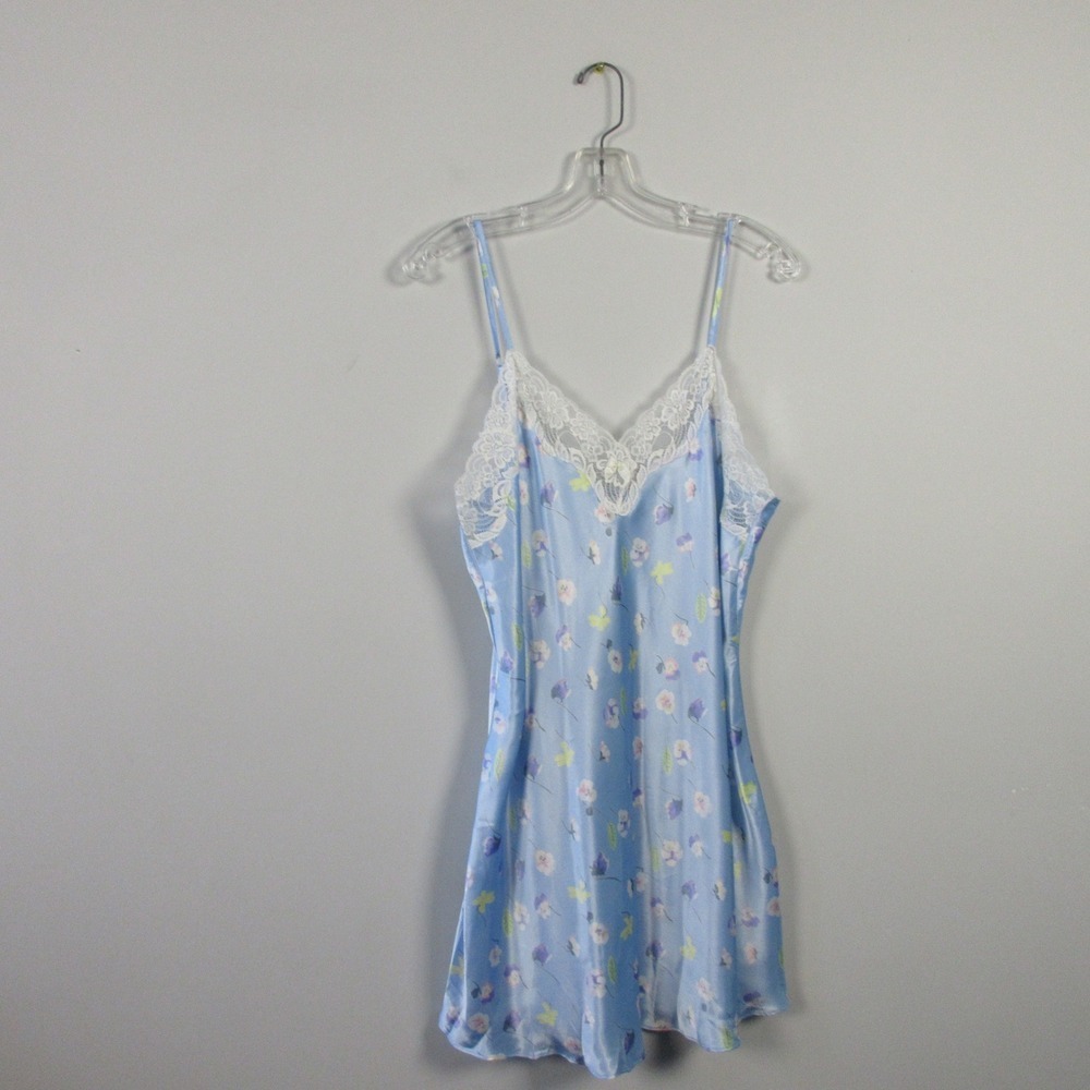 Morgan Taylor Intimates Slip Dress L Blue Satin Lace Trim Floral Lingerie 92
